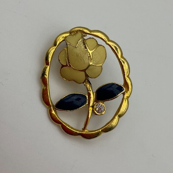 Vintage Vendome Gold-Tone Rose Flower Enamel Brooch Yellow Navy Old Money - Picture 2 of 6